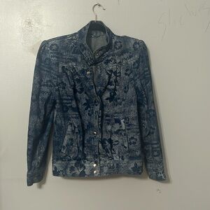 Vintage Hawaiian Jean Jacket 80s 90s Puffy Sleeve Floral Print Tropical Denim M